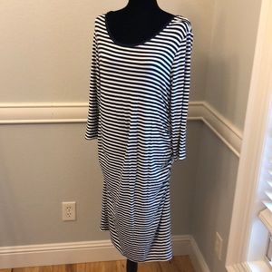 Navy & white striped long sleeve maternity dress